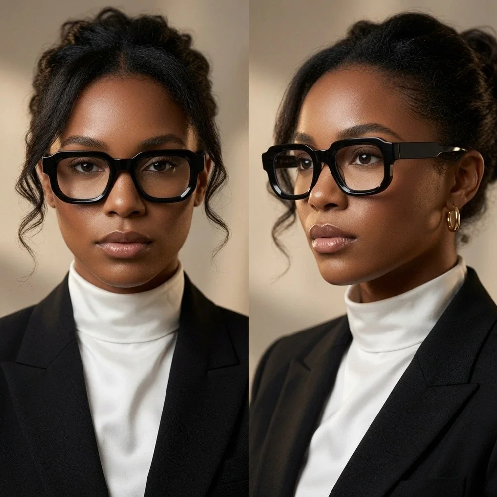 Womens Black Chunky Square Glasses Bold Geometric Clear Lens Retro Frame 145mm